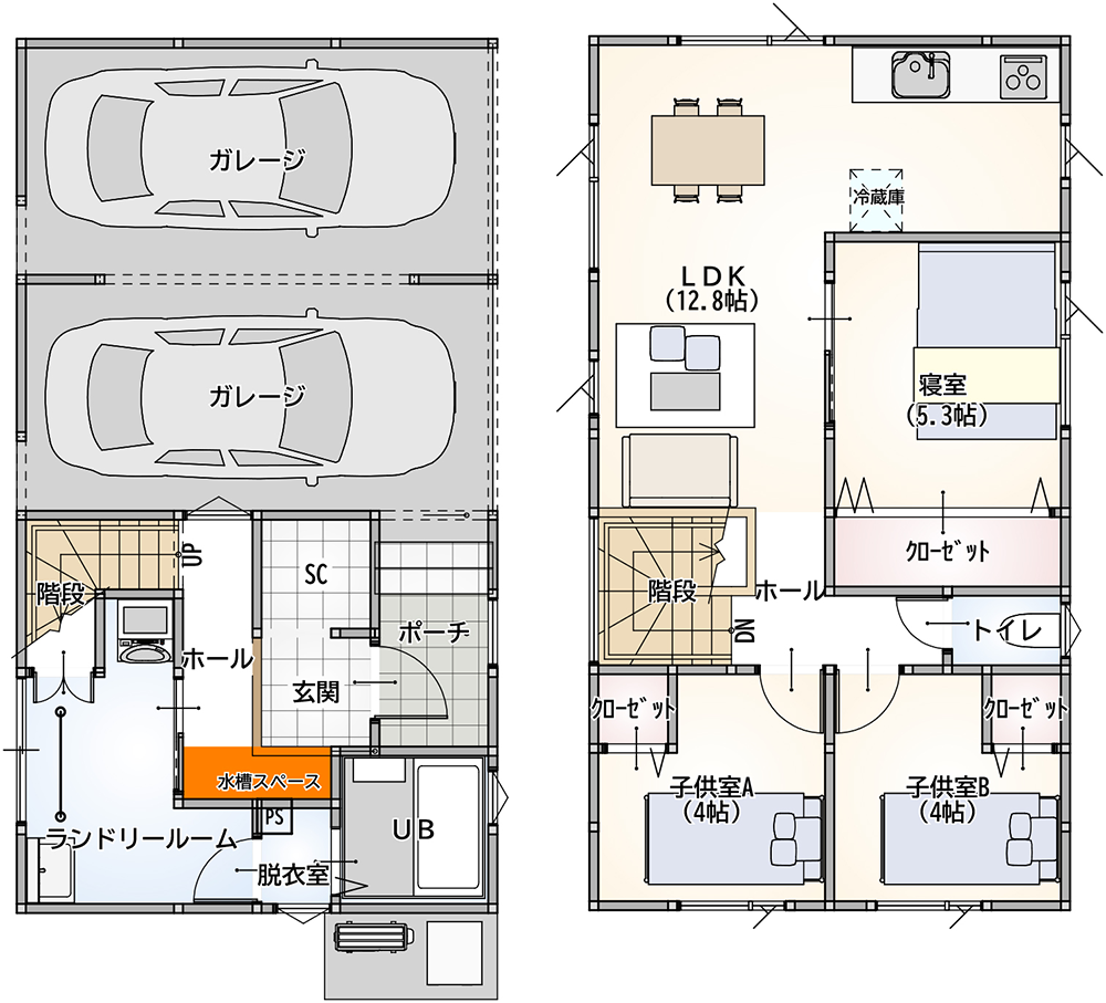 3ldk 35坪 ガレージ部分 9坪 2階建てプラン ハウススタンダード 新潟の狭小住宅専門店