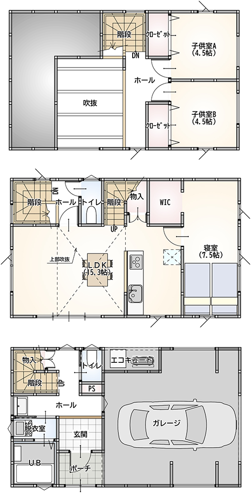 3ldk 36 5坪 ガレージ部分 8 5坪 3階建てプラン ハウススタンダード 新潟の狭小住宅専門店